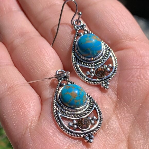 Turquoise Mountain Rhinestone Drop Earrings - Picture 2 of 9